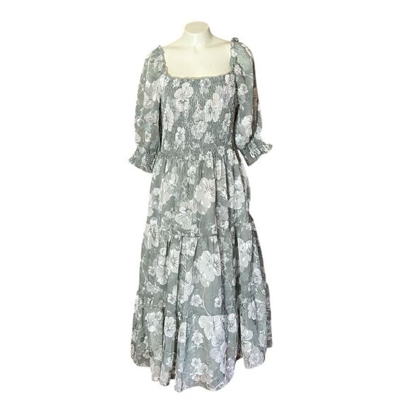 Baltic Born Fabian Jacquard Neutral Floral Smoked Bodice Puff  Sleeve Midi Dress - Picture 3 of 9
